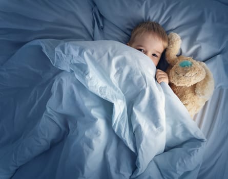 Sleepy boy lying in bed with white beddings. Tired child in bedroom sleeping. Little kid lying asleep with toy
