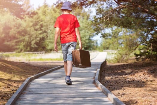 Boy walking in nature in beautiful summer day. child with luggage. Travel and vacations concept