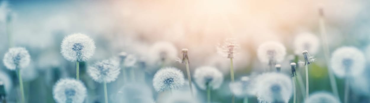 Green field with white and yellow dandelions outdoors in nature in summer. Meadow with beautiful flowers in spring. Fluffy blowballs on floral background