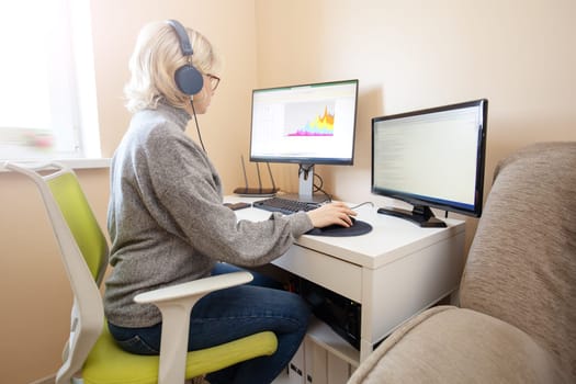 woman working at home in homeoffice. Young businesswoman sitting indoors and using pc
