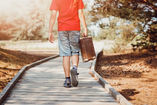 Boy walking in nature in beautiful summer day. child with luggage. Travel and vacations concept