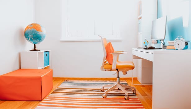 Colourful children rooom with white walls and furniture. Desk at home interior with a window