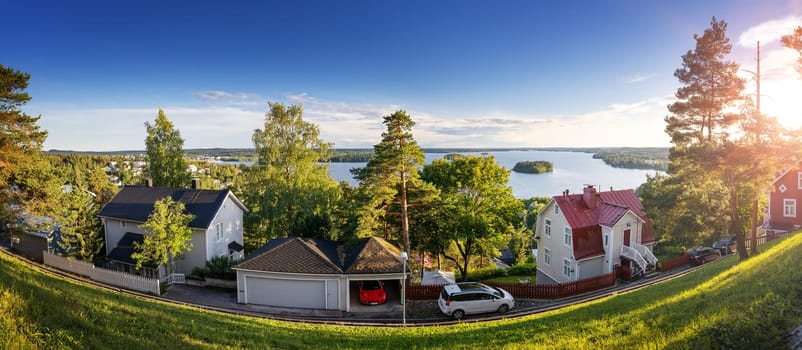 Pispala area in Tampere, Finland on beautiful sunny evening with view to lake Pyhajarvi. Finnish city in summer