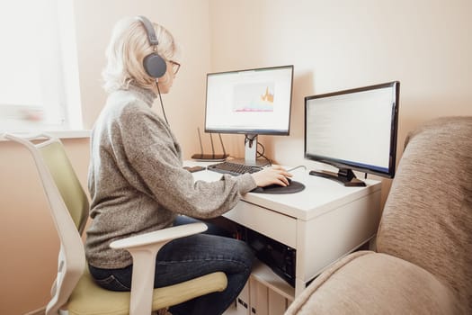 woman working at home in homeoffice. Young businesswoman sitting indoors and using pc