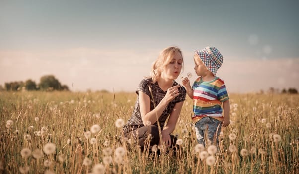 Young woman with a boy blowing dandelions. Mother and son having fun on the field