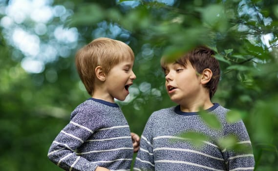 Two arguing brothers standing in park. Boys outdoors in nature