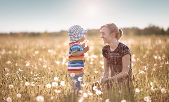 Young woman with a boy blowing dandelions. Mother and son having fun on the field