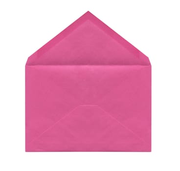 front view closeup of open blank old aged pink letter paper envelope isolated on white background