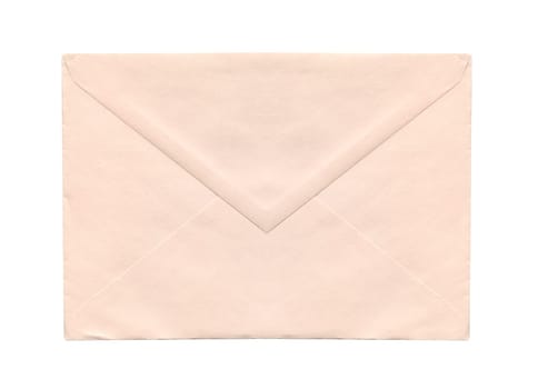 front view closeup of closed blank old aged beige letter paper envelope isolated on white background