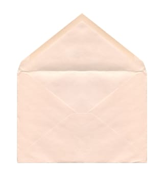 front view closeup of open blank old aged beige letter paper envelope isolated on white background