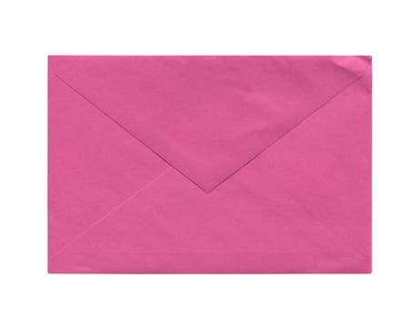front view closeup of closed blank old aged pink letter paper envelope isolated on white background