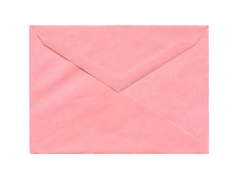 front view closeup of closed blank old aged light pink colored letter paper envelope isolated on white background