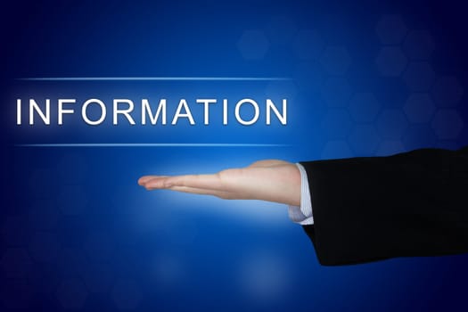 information button with business hand on blue background