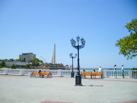 Republic of Crimea, Sevastopol - July 28, 2019: The embankment of the city of Sevastopol. Architecture near the coastline.