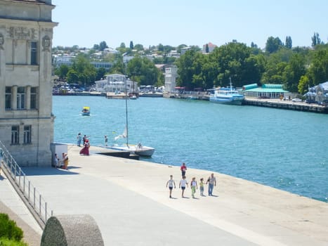 Republic of Crimea, Sevastopol - July 28, 2019: The embankment of the city of Sevastopol. Architecture near the coastline.