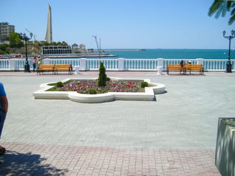 Republic of Crimea, Sevastopol - July 28, 2019: The embankment of the city of Sevastopol. Architecture near the coastline.