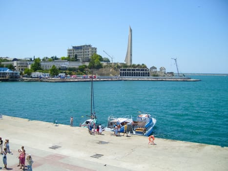 Republic of Crimea, Sevastopol - July 28, 2019: The embankment of the city of Sevastopol. Architecture near the coastline.