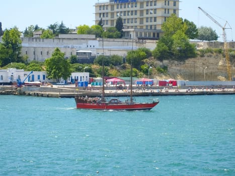 Republic of Crimea, Sevastopol - July 28, 2019: The embankment of the city of Sevastopol. Architecture near the coastline.