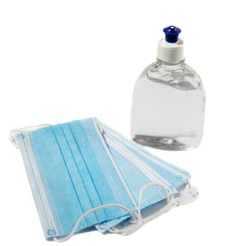 Coronavirus prevention medical surgical masks and hand sanitizer gel for hand hygiene corona virus protection.