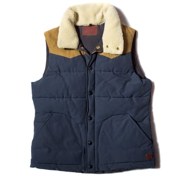 Blue winter jacket sleeveless gilet on white background