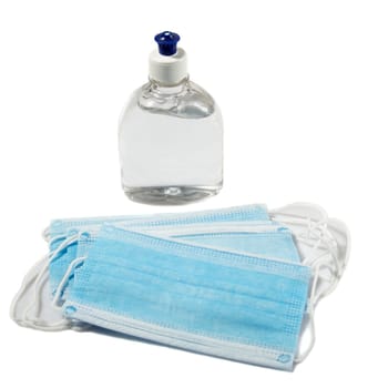 Coronavirus prevention medical surgical masks and hand sanitizer gel for hand hygiene corona virus protection.