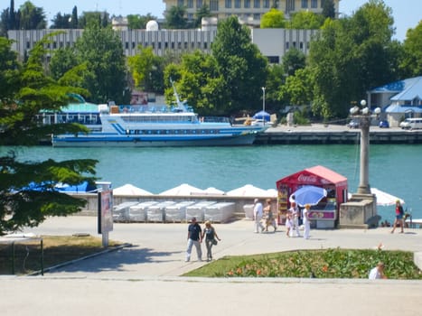 Republic of Crimea, Sevastopol - July 28, 2019: The embankment of the city of Sevastopol. Architecture near the coastline.
