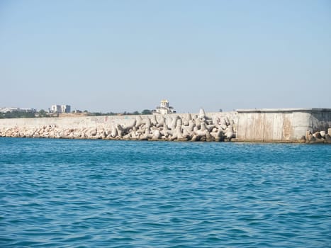 Wavecut on the auberezes at the port of Sevastopol. Fighting the waves, the Black Sea.
