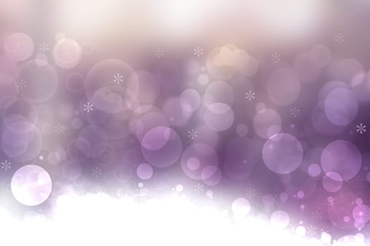 Christmas card template. Abstract festive natural light pink white pastel winter christmas landscape background texture with bokeh lighted snowflakes and stars. Beautiful card design.