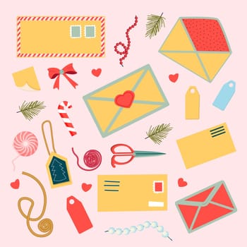 A set of stickers on the theme of postcards and envelopes. Isolated hand-drawn postcards and envelopes with postage stamps. Modern collection of letter designs. Vector illustration for web and print.
