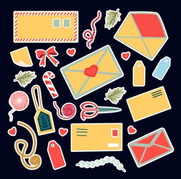 Mail and delivery. Letters and envelopes. Holiday letters. Stickers mail theme.Vector illustration
