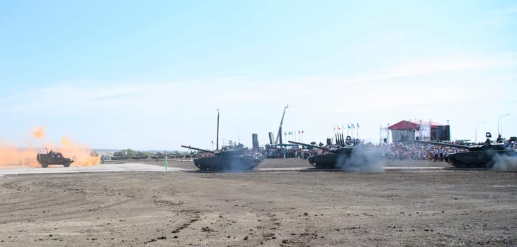 Rostov-on-Don, Russia - August 27, 2020 : Marines with smoke bombs and using amphibious car in the attack