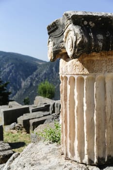 The ruins in Delphi, an archaeological site in Greece at the Mount Parnassus. Delphi is famous by the oracle at the sanctuary dedicated to Apollo. UNESCO World heritage