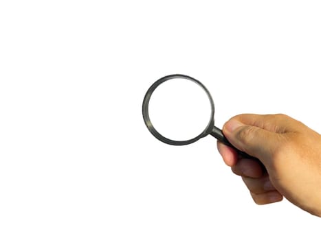 Hand holding Magnifying glass on white backgroun. Business Concept
