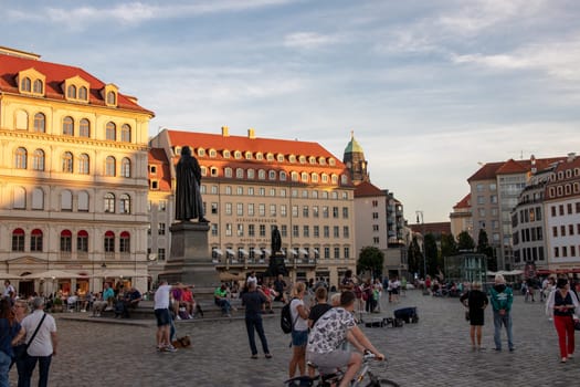 DRESDEN, SAXONY, GERMANY - 22 AUGUST 2020: A view of the new market in Dresden where is located the Friedrich August II Monument, the Steigenberger hotel Saxony and other luxury buildings. A popular excursion destination for tourists.