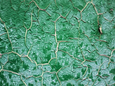 Old green paint is cracked. Background texture closeup