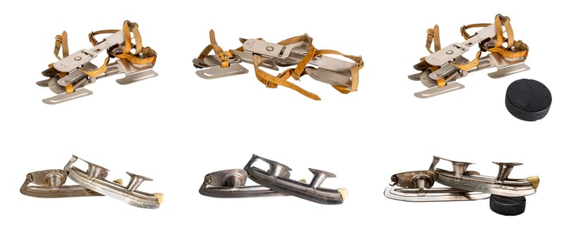 Set of old steel skates isolated on a white background Hockey puck Figure skating sport