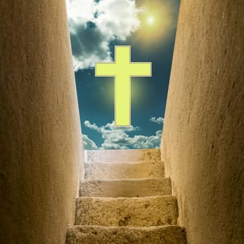 An old staircase leading from darkness to light and sky with a cross. The concept of the god of Christianity and the grace of God.