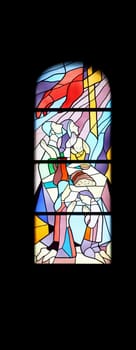 Stained glass church window in the parish church of St. James in Medugorje, Bosnia and Herzegovina