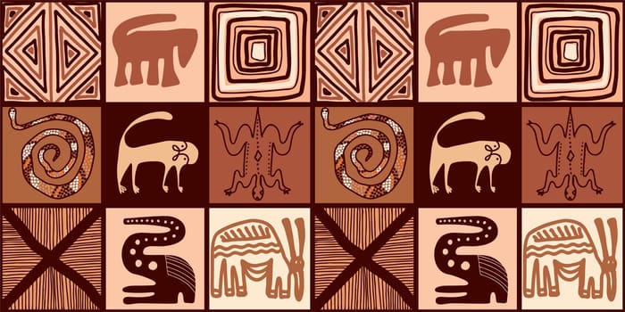 ETHNIC TREND PATTERN. PAINTWORK IN AFRICAN STYLE. PATTERN SEAMLESS AFRICAN. TRADITIONAL PATTERN. PRIMITIVE MINIMAL HAND DRAWINGS. Vector illustration. Fashion.