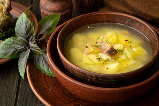 Horseradish soup with wild partridge in a brown vintage bowl. Russian cuisine