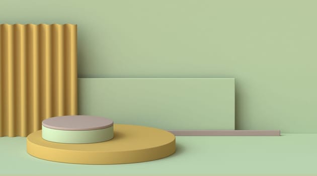 Abstract mock up with stripped rectangle and asymmetric podium3D render illustration on green background