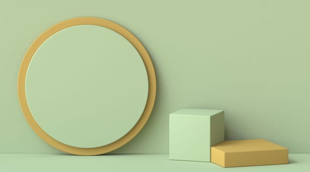 Abstract mock up circle frame and two cube objects 3D render illustration on green background