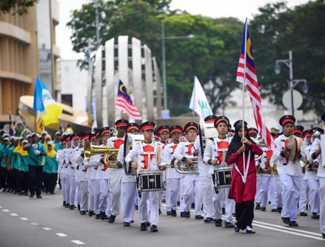 Georgetown, Penang/Malaysia - Aug 31 2016: Brass band during Merdeka procession at Esplanade.