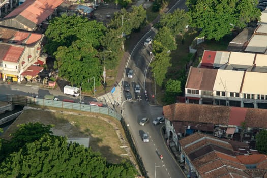 George Town, Penang/Malaysia - Jun 18 2017: Drone view green tree near the heritage house.