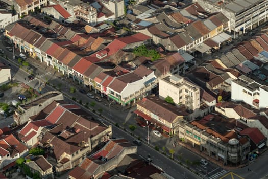 George Town, Penang/Malaysia - Jun 18 2017: Aerial view of Penang heritage old house.