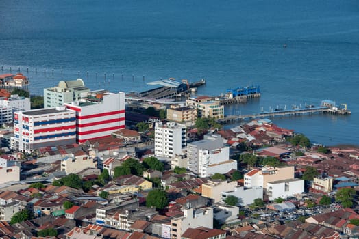 George Town, Penang/Malaysia - Jun 25 2017: Aerial view old heritage house near the sea.