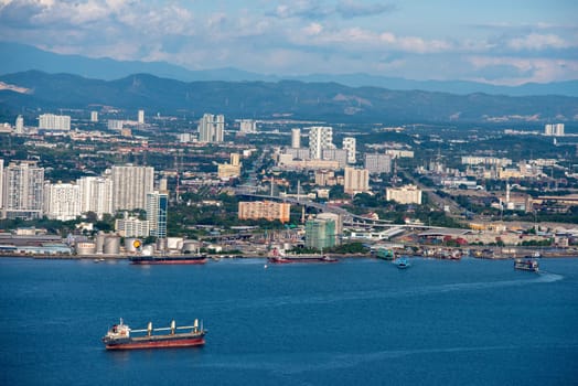 George Town, Penang/Malaysia - Jun 25 2017: Aerial view ship move at the sea of Penang.