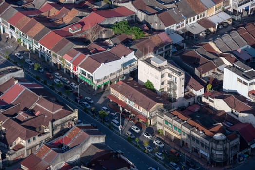 George Town, Penang/Malaysia - Jun 25 2017: Aerial view street in evening.