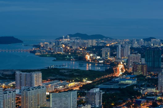 George Town, Penang/Malaysia - Jun 25 2017: Drone view traffic of Tun Dr Lim Chong Eu Expressway at night.