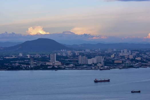 George Town, Penang/Malaysia - Jun 25 2017: Aerial view ship sail near the sea at Penang.